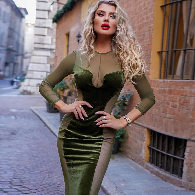 women's cotton dressesSexy Mesh Panel Sheer Long Sleeve Mermaid Maxi Velvet Dress - Olive Green