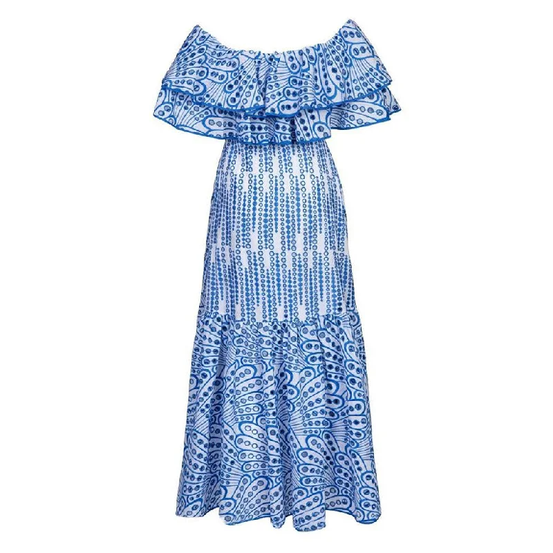 Solid Color DressBoho Broderie Anglaise Off the Shoulder Shirred Ruffled Tiered Maxi Dress