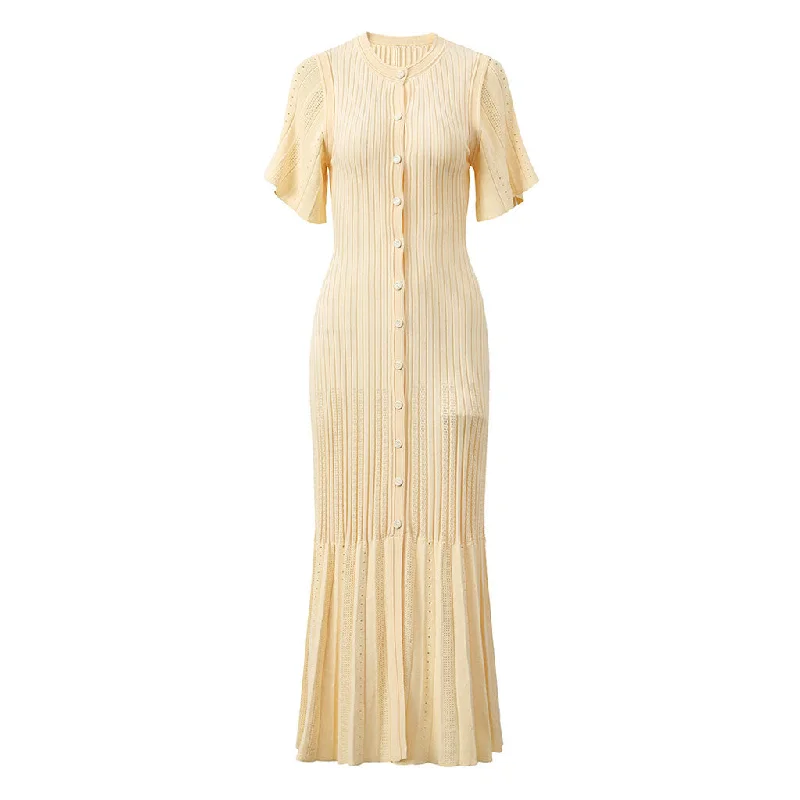 women's high-low dressesElegant Pointelle Knit Sleeve Button Up Ribbed Pleated Fishtail Sweater Maxi Dress