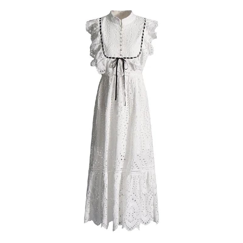 women's bell-sleeved dressesFrench Style Mock Neck Ruffle Bow Tie Broderie Anglaise Sleeveless Maxi Dress