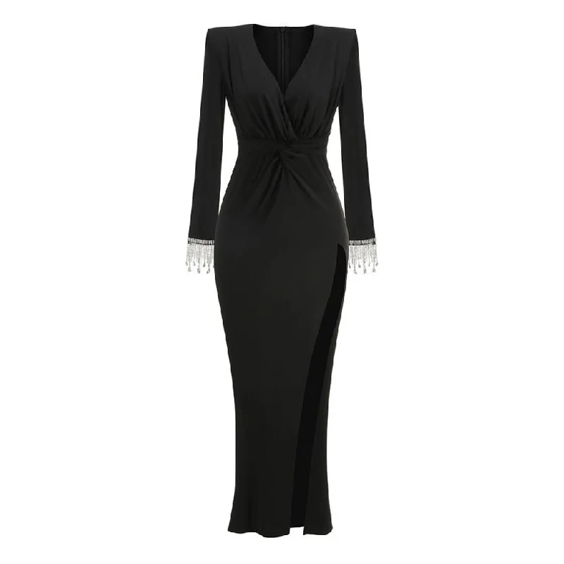 Cocktail DressSexy Plunge Twist Front Crystal Fringe Sleeve High Split Jersey Maxi Dress