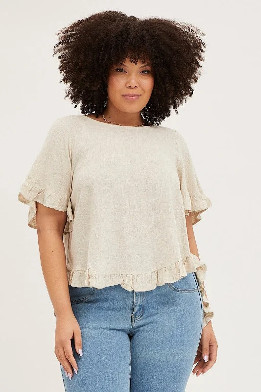 women's tops for picnics in the parkBeige Linen Shell Top Short Sleeve Ruffle