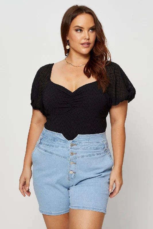 women's tops for those who want to wear versatile pieces that can be dressed up or downBlack Ruched Bodysuit Short Sleeve Dobby Chiffon