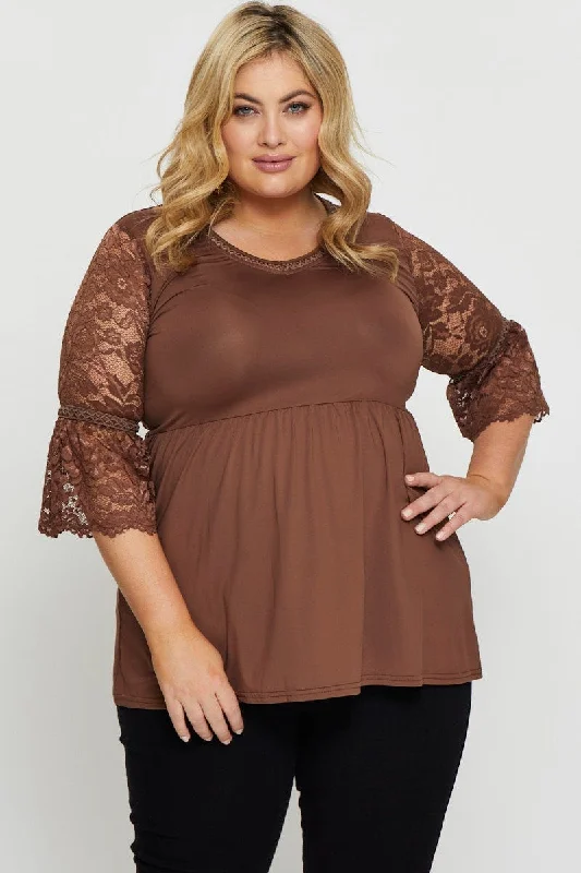 women's tops for statement-making outfitsBrown Hem Top Lace V-neck Three-Quarter Sleeve Gathered