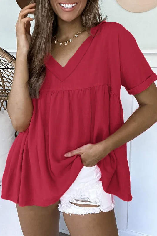 women's tops for those who seek both style and comfortFiery Red Frayed V Neck Ruffled Babydoll Blouse