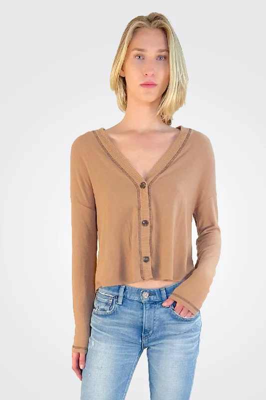 women's tops with asymmetrical designsNoah Relaxed Deep V-Neck Cardigan - Camel / Java