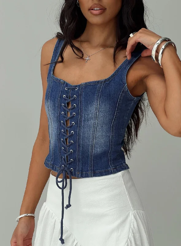 women's tops for cozy nights inPackston Lace Up Denim Top Mid Wash