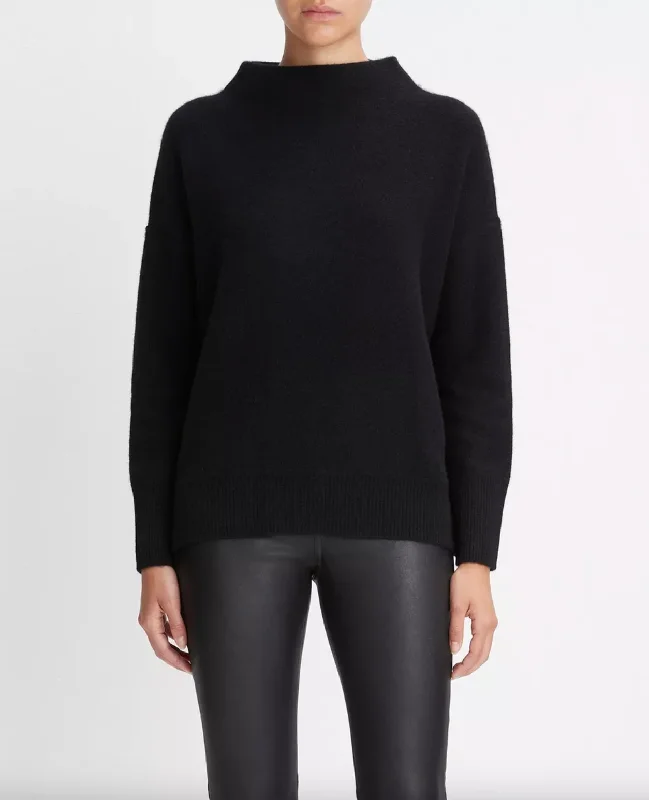 women's tops with embroidery detailsPlush Cashmere Funnel Neck Sweater - Black