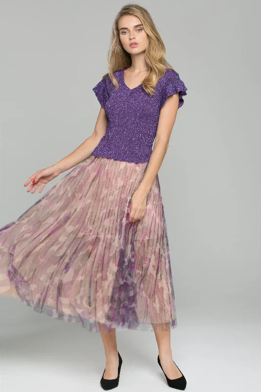 women's button-down skirtsPurple Ruffled Top Chiffon Double Layer Accordion Pleats Midi Skirt Set