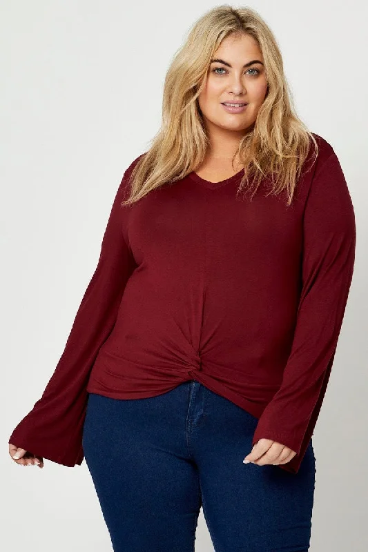 women's tops for those who want to create outfits that are both unique and memorableRed Jersey Top Bell Sleeve Twist Front V-neck