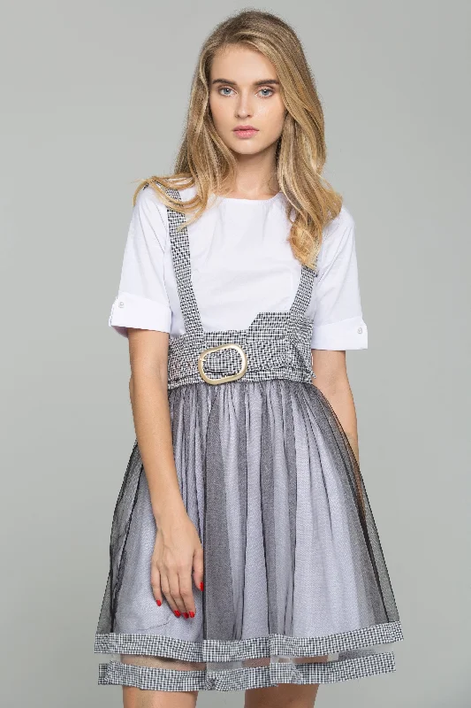 women's stretchy maxi skirts for dancingWhite Cotton Gauntlet Sleeve Shirt and Black Chiffon Gingham Pinafore Belted Skirt Set