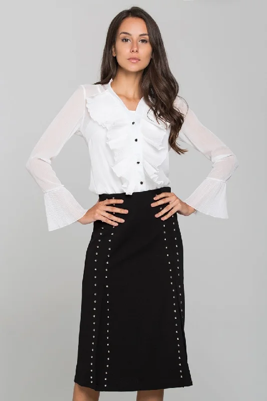 women's denim midi skirtsWhite Pleated Gabot Top and Black Skirt Set