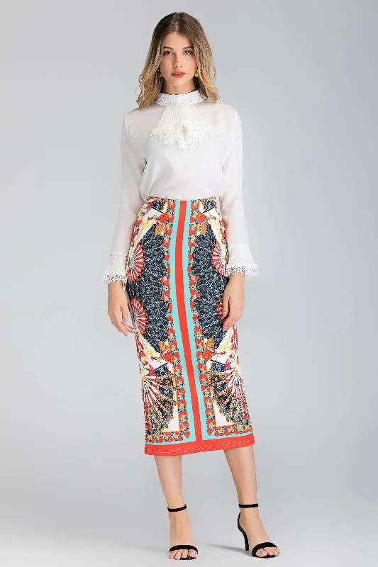 women's lace-up skirtsWhite Pleated Gabot Top and Printed Pencil Skirt Set