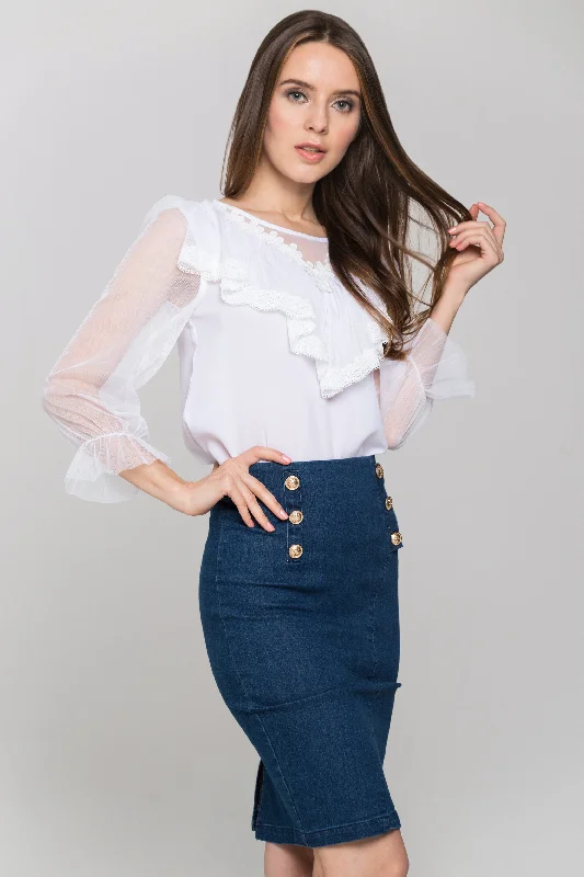 women's wool pencil skirts for winter formal eventsWhite Sheer Sleeves Gabot Top and Denim Skirt