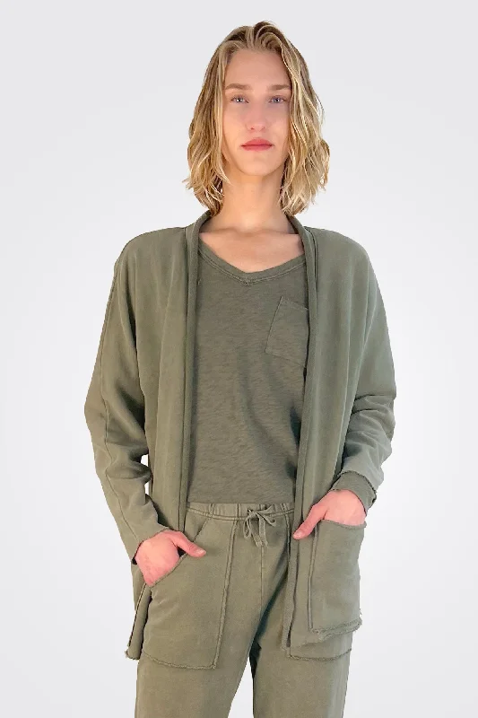 women's tops with cold-shoulder cutsWilla Raw Edge Cardigan - Forest Night