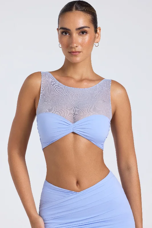 three-quarter sleeve women's topsSheer Panelled Ruched Crop Top in Periwinkle Blue