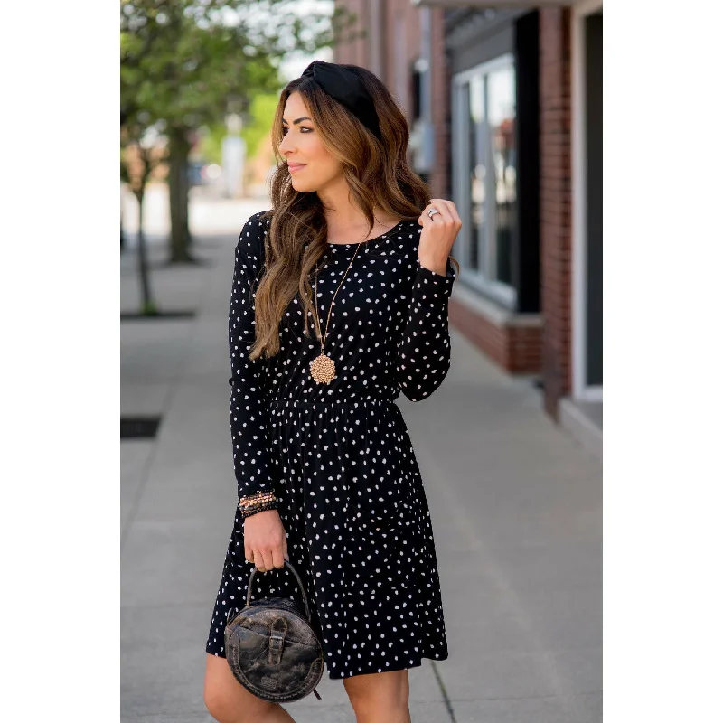 women's satin dressesDotted Pocket Long Sleeve Dress