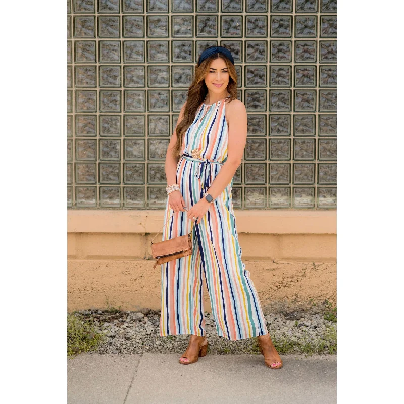 Body-Hugging DressMulti Colored Striped Tie Halter Jumpsuit