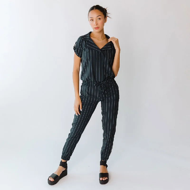 women's vacation dressesNavy Pinstripe Collar Jumpsuit