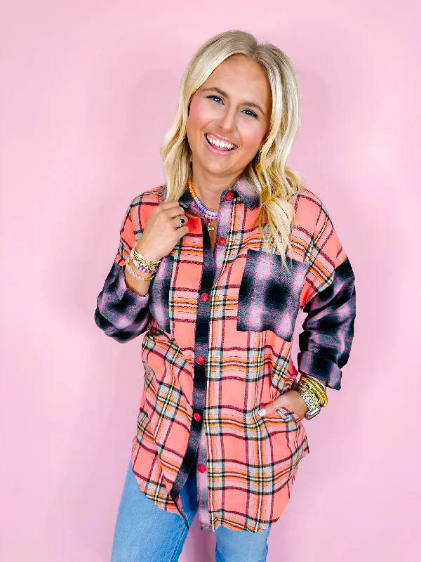 women's eco-friendly dressesPOPS OF PLAID BUTTON UP TOP - CORAL/BLACK