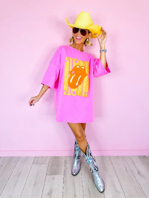 women's bell-sleeved dressesROLLING STONES OVERSIZED TUNIC TOP - PINK/YELLOW