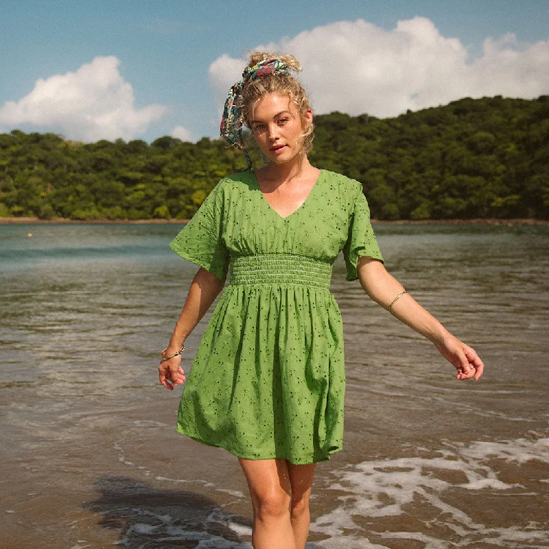 Cold-Shoulder DressSmocked Dress, Green Eyelet