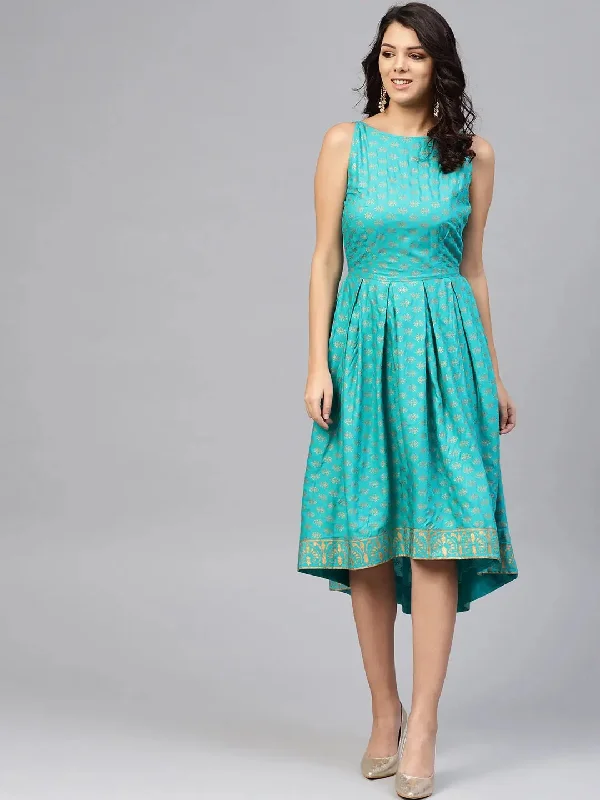 Crepe DressDeep back box pleated Midi Printed Dress in Mint Blue