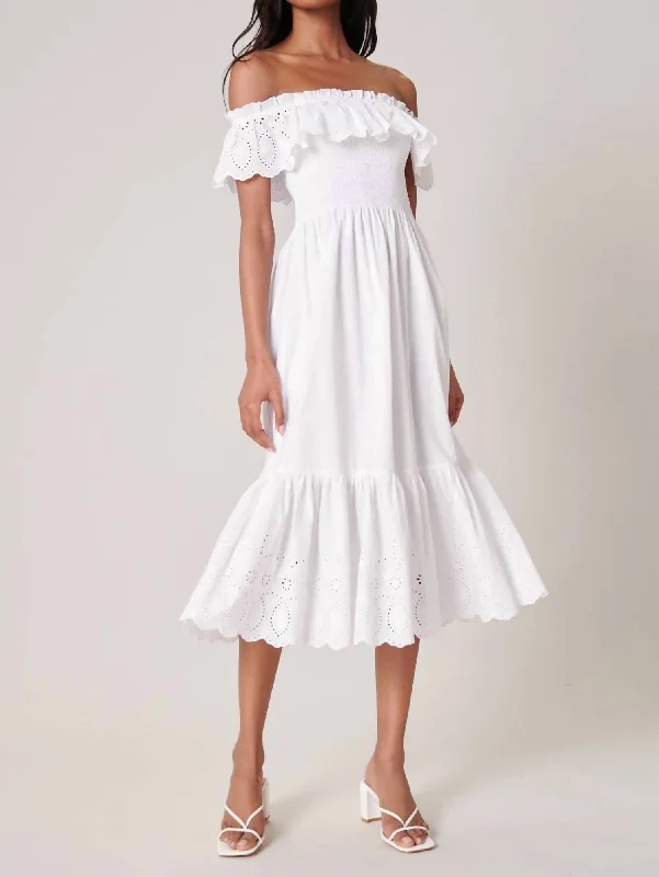 Sweetheart Neckline DressEsmeralda Smocked Eyelet Midi Dress In White