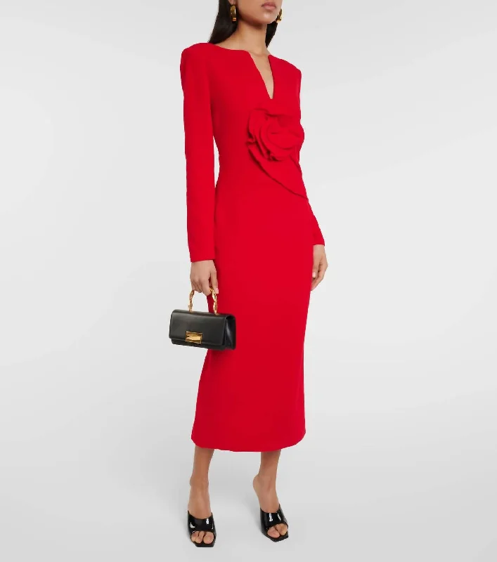 women's easy-to-wear dressesFloral Appliqué Wool Crepe Midi Dress In Red