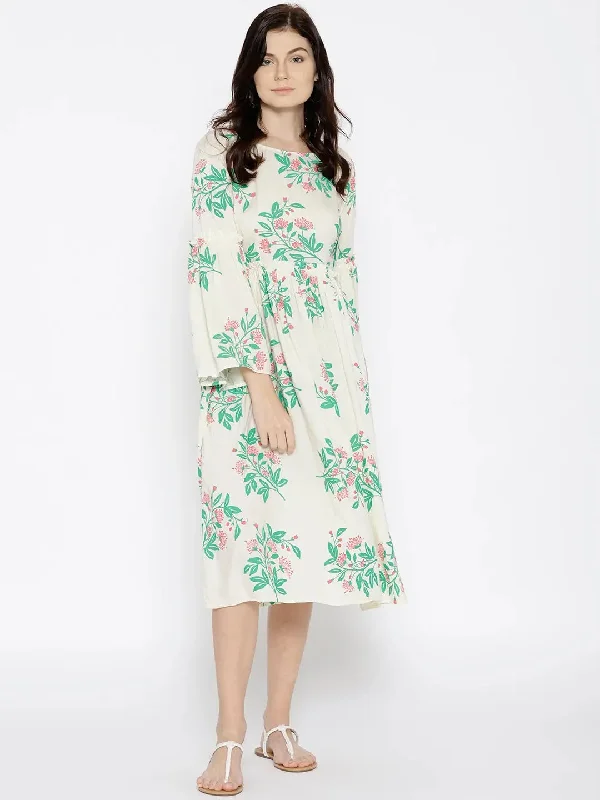 women's ball gown dressesForal Print Midi Dress with bell sleeve in Off White