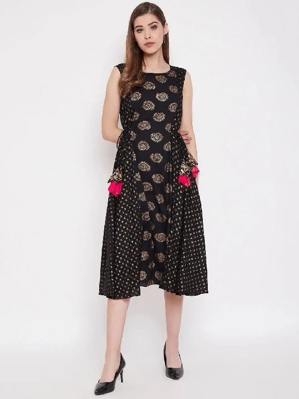 Chiffon DressFront yoke side waist tie midi dress in Black