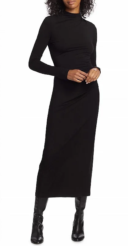 Neon DressLong Sleeve Turtle Neck Ruched Midi Dress In Black