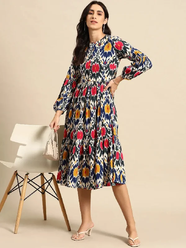 women's everyday dressesMidi Layered dress with balloon sleeve in Blue and Pink Ikkat Print