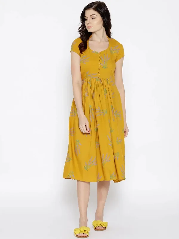 women's neon dressesMidi pleated dress with lavender print on Mustard