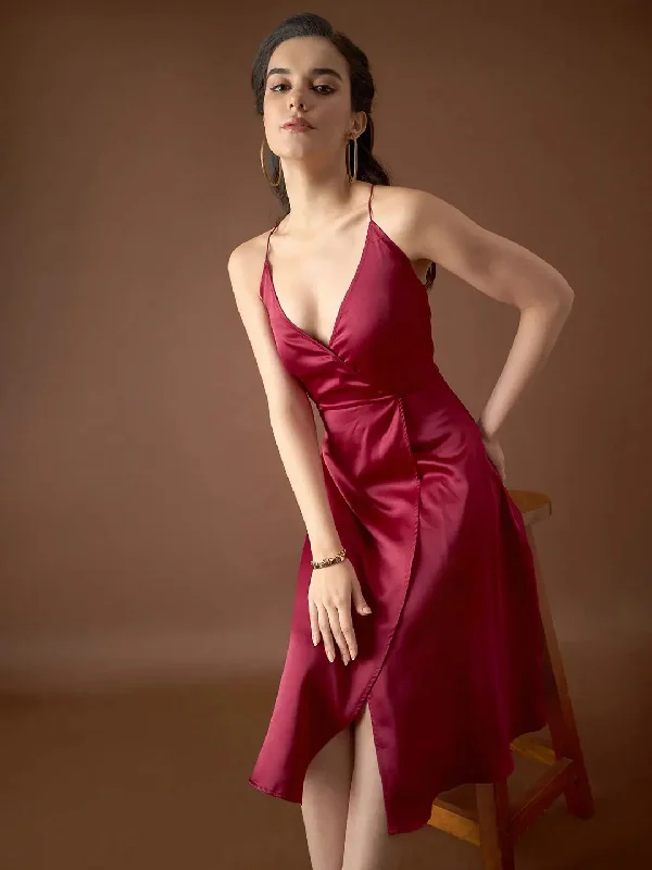 women's cinched-waist dressesOverlap neck Flared midi Dress in Maroon Color