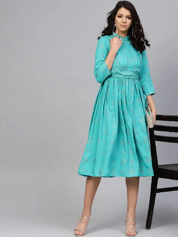 Knit DressPrinted Midi dress with mock waistcoat in Aqua Blue