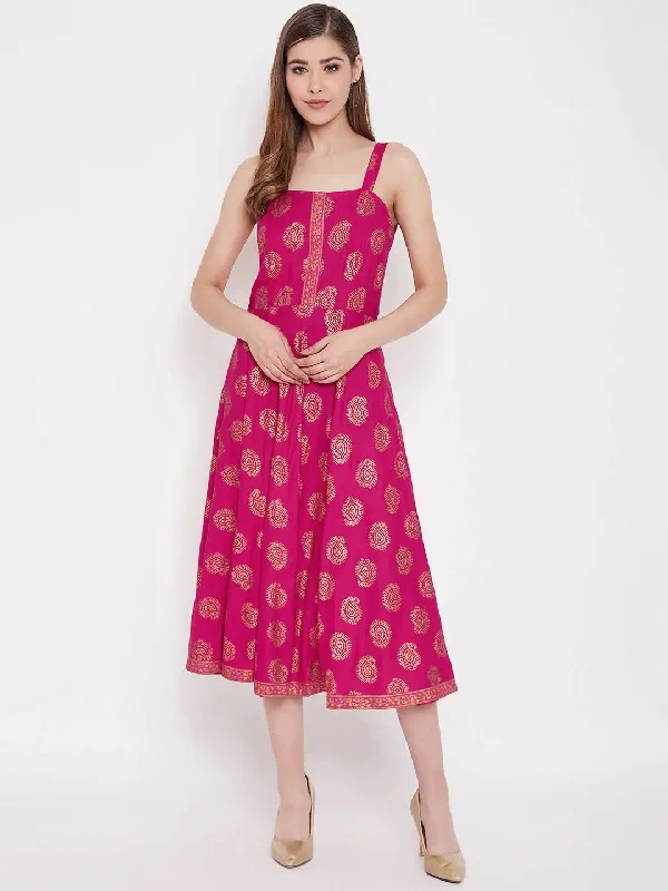 Sleeveless DressShoulder strap flared midi dress in Pink