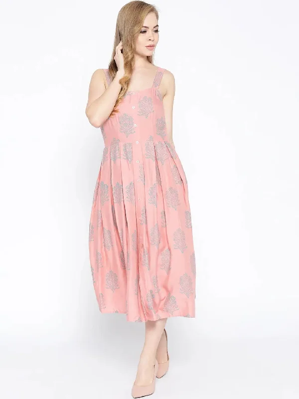 Ruffled Hem DressStrappy Box pleate Midi dress with front buttons in Dusty Pink