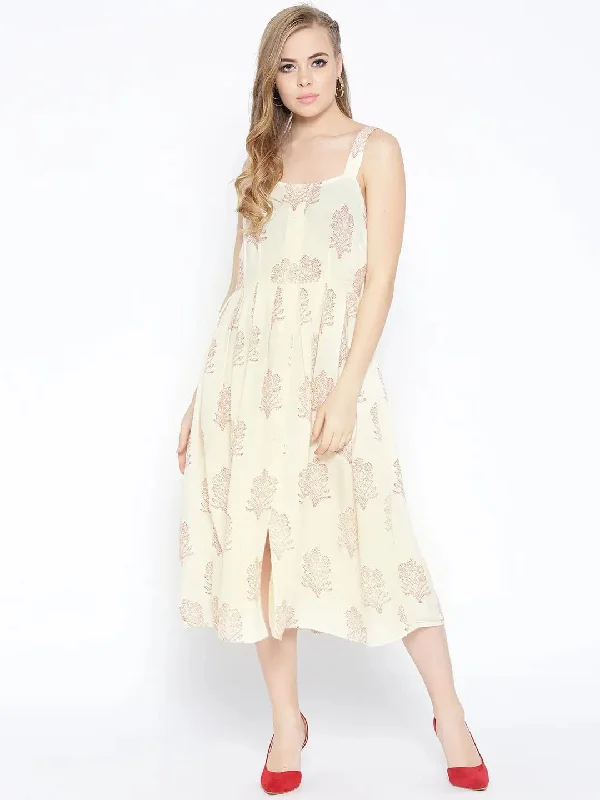 Maternity DressStrappy Box pleate Midi dress with front buttons in Off white