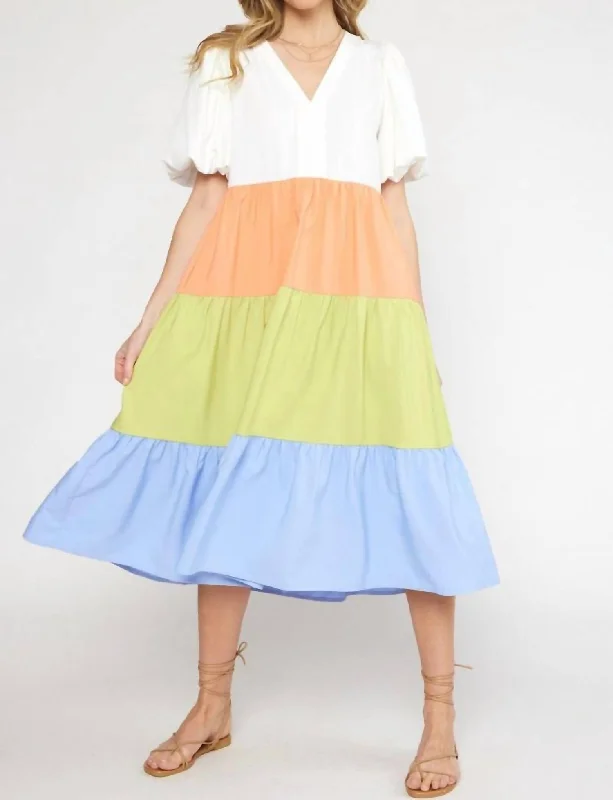 The Encanto Tiered Color Block Midi Dress In Off White Combo