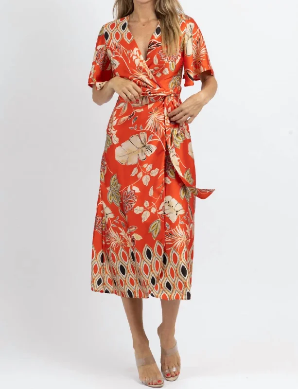 Silk DressWaikiki Wrapped Satin Midi Dress In Orange/multi