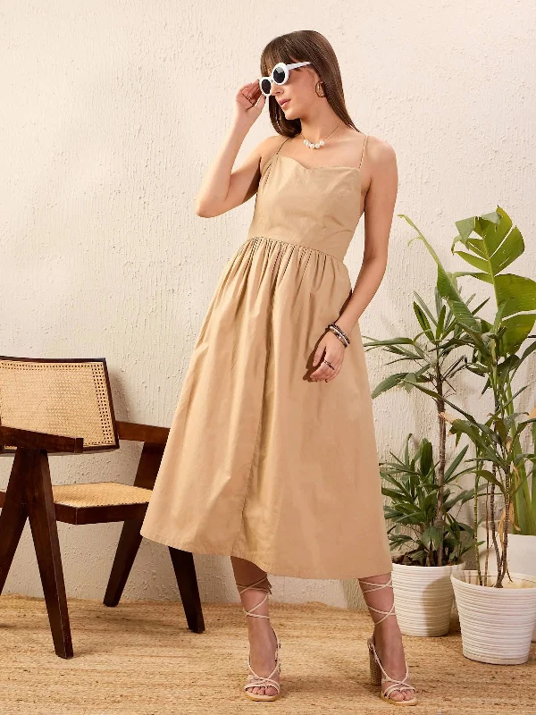 Floral DressWomen Beige Strappy Back Tie Midi Dress