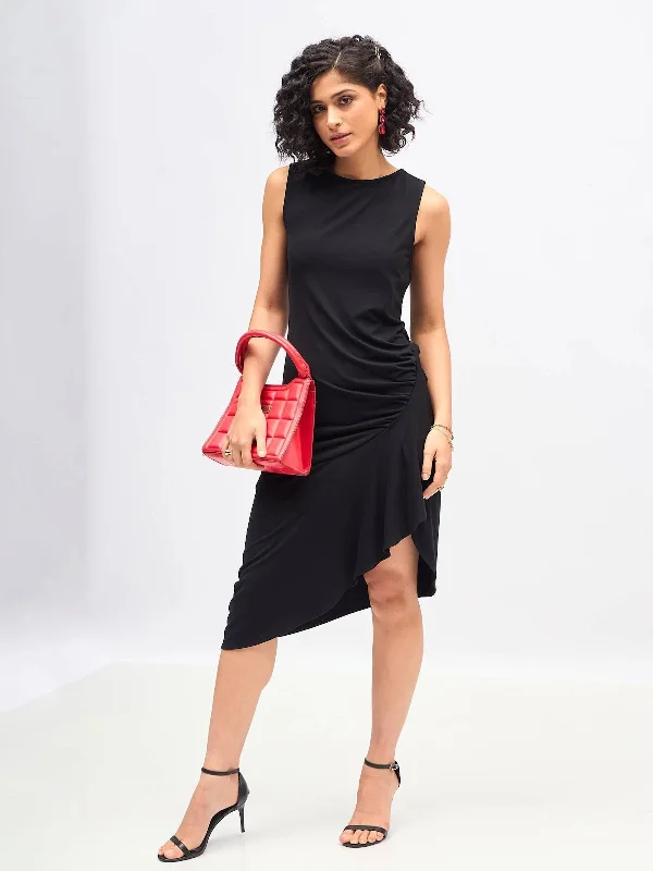 Velveteen DressWomen Black Box Back Cascade Ruffle Midi Dress