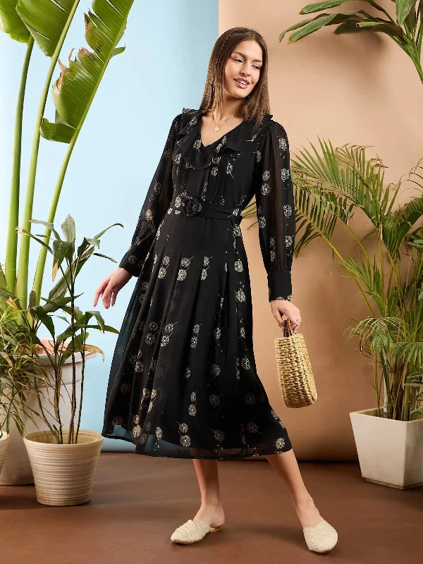 women's smart casual dressesWomen Black Floral Ruffle Collar Midi Dress