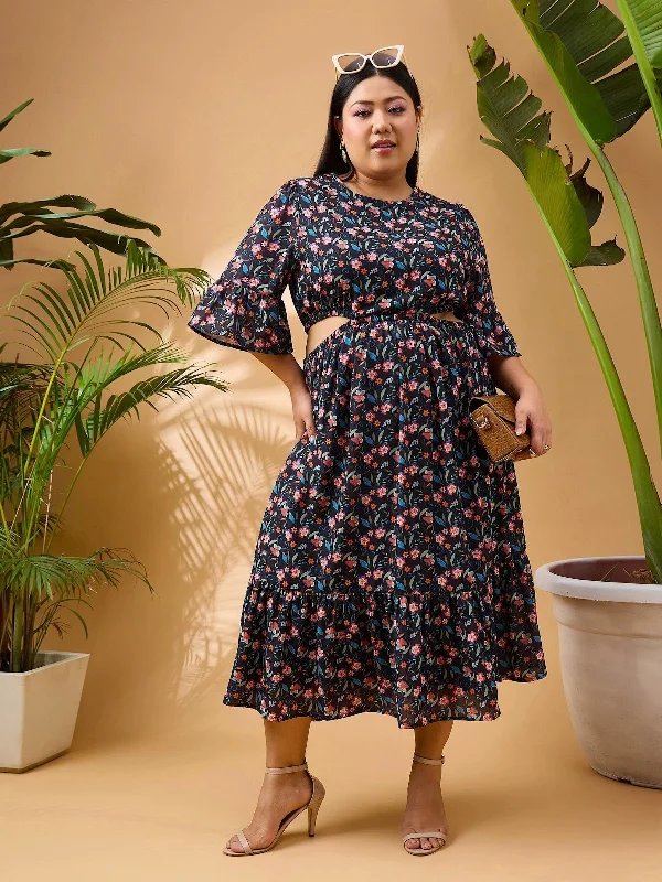 Vintage DressWomen Black Floral Side Cut Out Midi Dress