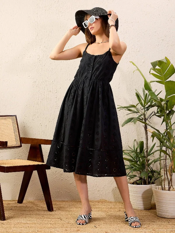 Nursing DressWomen Black Schiffli Strappy Midi Dress