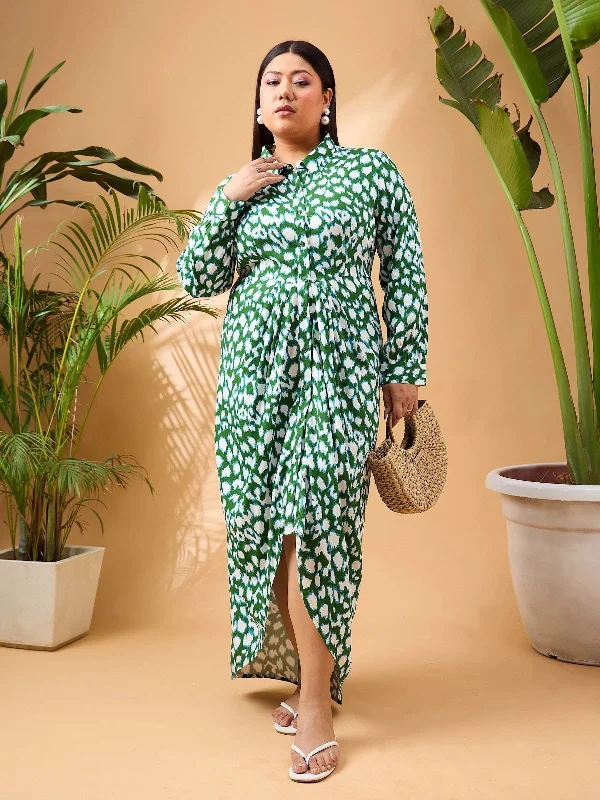 Nursing DressWomen Green & White Print Button Open Midi Dress