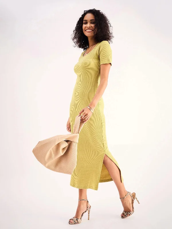 women's made-to-order dressesWomen Khaki Rib Square Neck Midi Dress