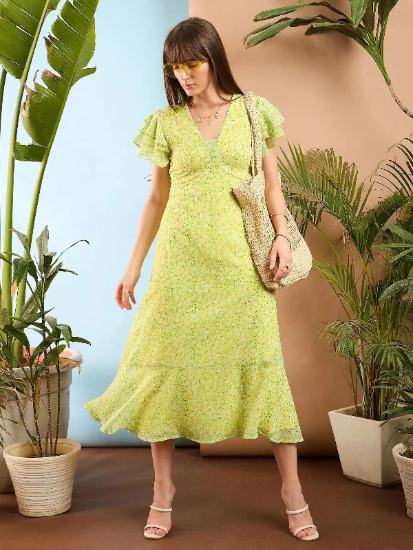 women's short-sleeved dressesWomen Lime Yellow Ditsy Floral Flared Sleeve Midi Dress