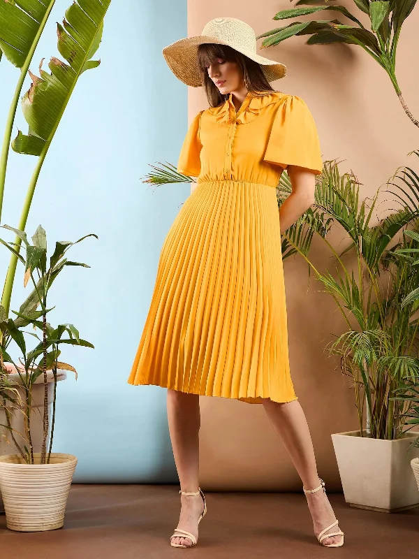 women's empire waist dressesWomen Mustard Frill Neck Accordion Pleated Midi Dress